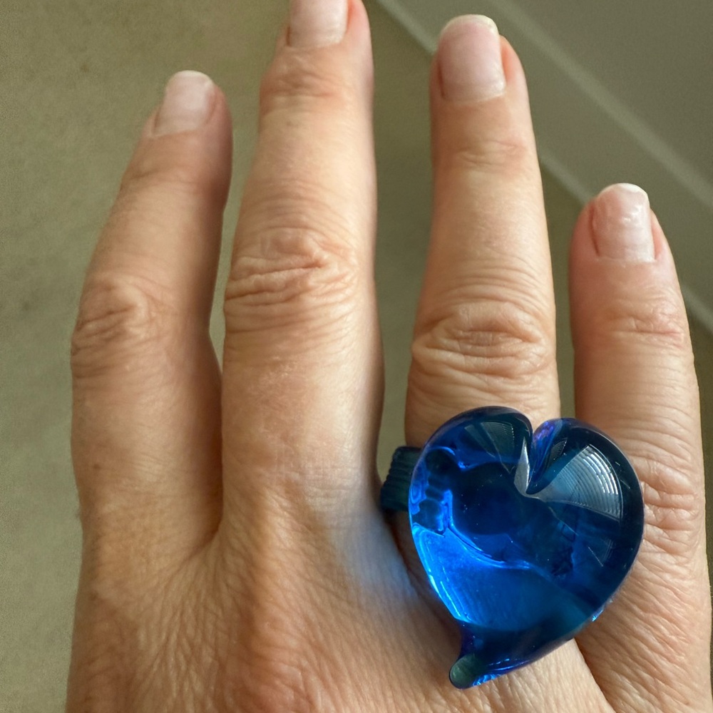 Blue Murano glass-artist Made, vintage Heart-Shaped Ring- big and bold!